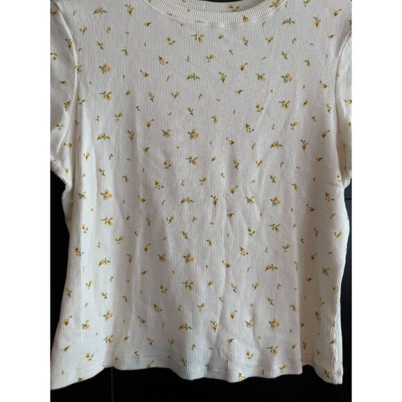 Skims Women's Ribbed Cotton White Floral Short Sleeve Top XL Dainty Casual - Picture 6 of 10